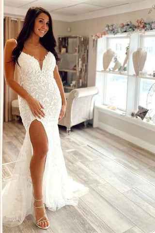 Cute Mermaid V Neck White Lace Long Prom Dresses with Slit VK23061204