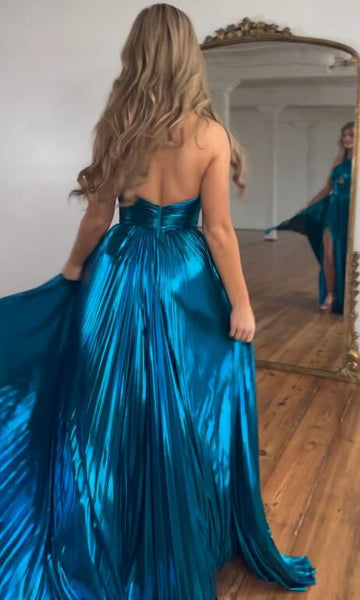 Charming A Line Halter Metallic Satin Pleat Prom Dress with Slit VK020204