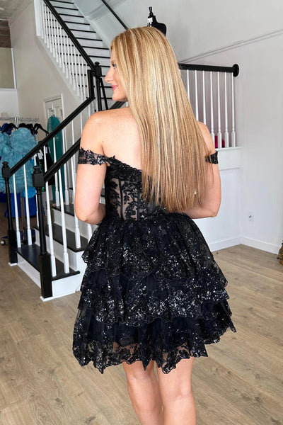 Sparkly Grey A-Line Tiered Lace Short Homecoming Dress VK23083110