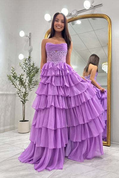 A-Line Strapless Purple Ruffle Tiered Chiffon Long Prom Dresses VKPD011