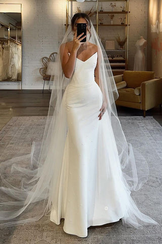 Mermaid Strapless White Satin Wedding Dresses with Pearls VK23123109