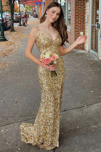 Gold Sequin V-Neck Backless Mermaid Long Formal Dress VK23122409