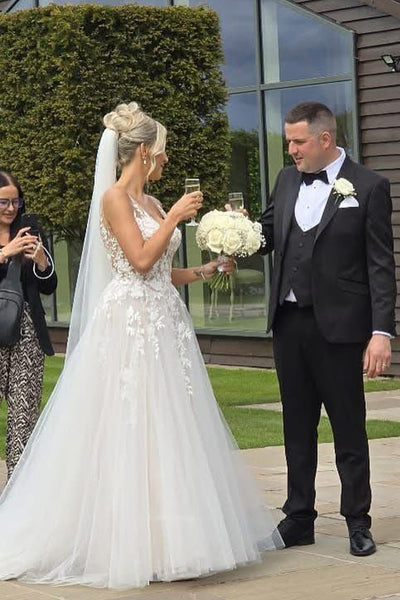 Fairy A Line V Neck Tulle Wedding Dresses with Appliques VK25051401