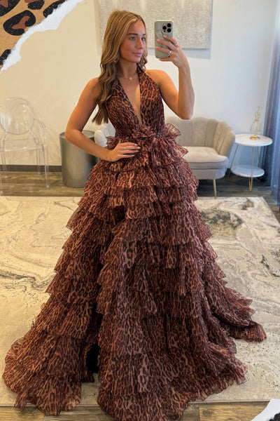 Gorgeous A Line V Neck Leopard Print Chiffon Tiered Prom Dress VK25100108