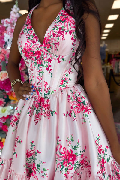 A Line V Neck Floral Satin Short Homecoming Dress VK26080908