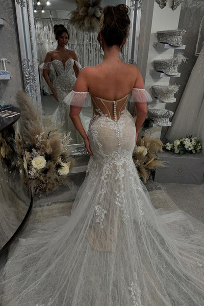 Romantic Mermaid Off the Shoulder Lace Tulle Wedding Dresses with Appliques