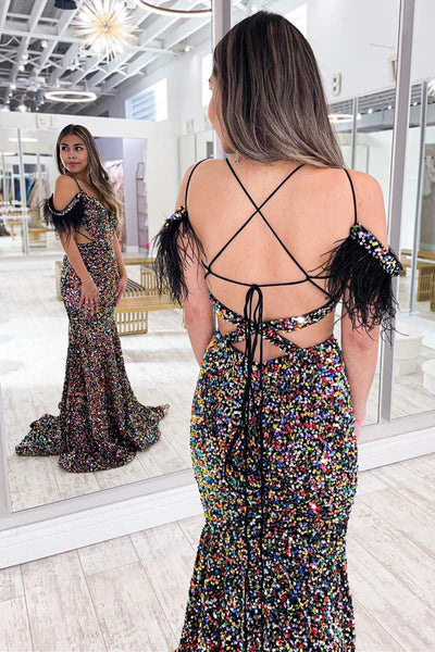 Purple Iridescent Sequin Feather Cold-Shoulder Cutout Mermaid Long Dress VK23121201