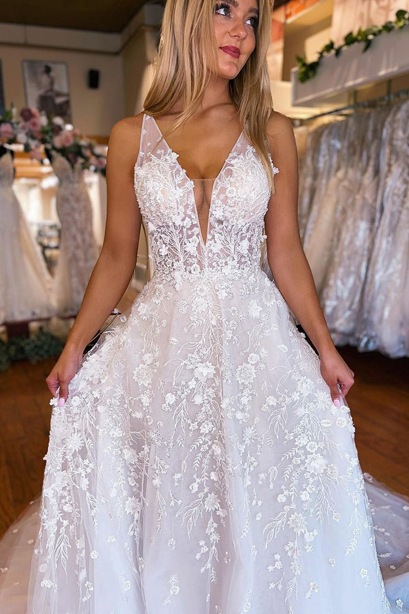 A-Line V Neck White Tulle Lace Wedding Dresses VK23090905