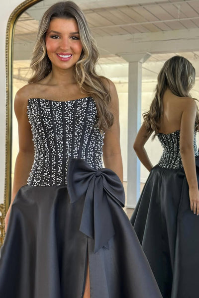 Gorgeous A Line Strapless Black Satin Prom Dress with Beading VK011705