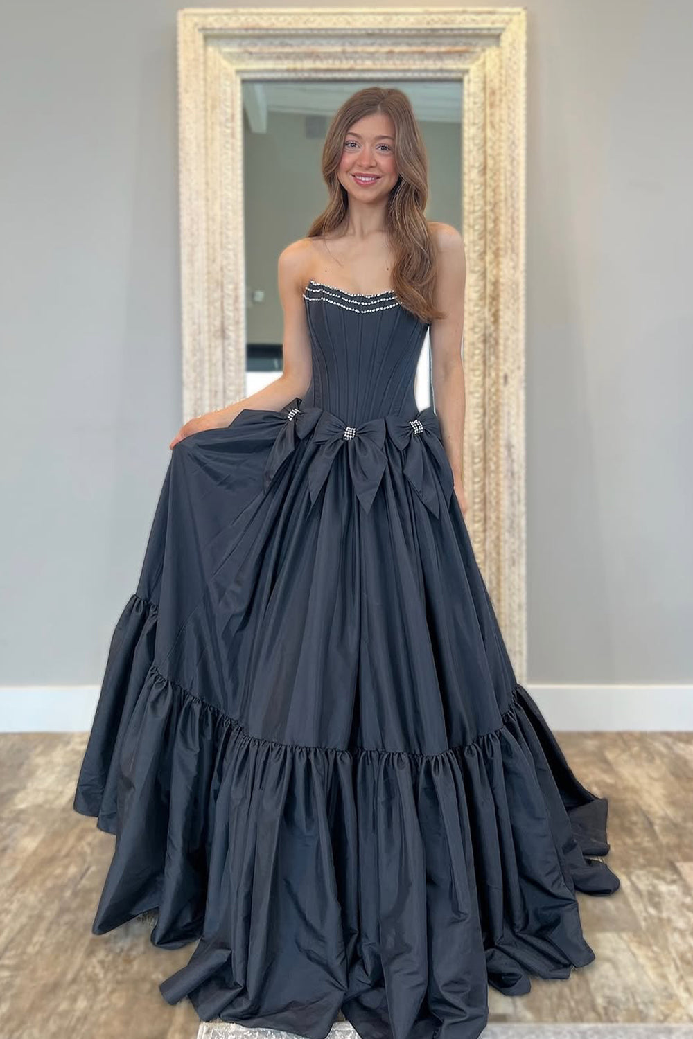 Ball Gown Strapless Black Satin Long Prom Dresses with Bowknots VK25032506