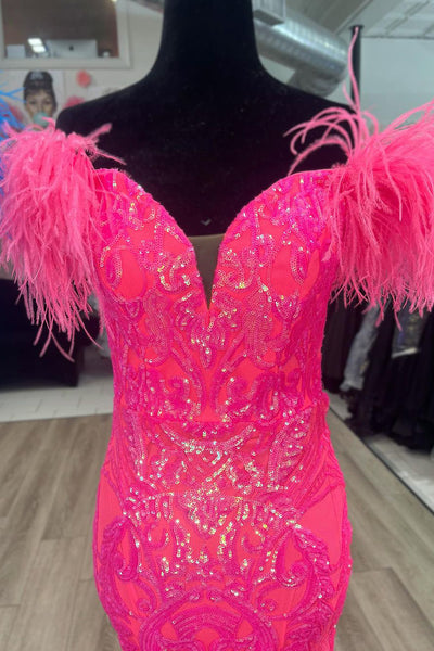 Hot Pink Feathered Off the Shoulder Sequin Lace Long Prom Evening Dresses with Side Slit VK23082114