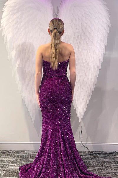 Purple Sequins Mermaid Long Prom Dresses with Slit VK24020705