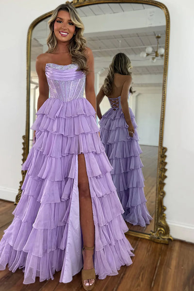 Gorgeous A Line Strapless Daffodial Tiered Chiffon Prom Evening Dresses with Hot Stone VK25052302