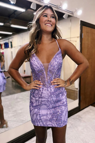 Navy Blue Sequin Lace V Neck Short Tight Homecoming Dress VK23090305