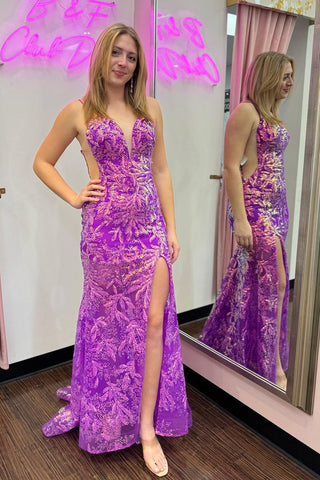 Purple Sequins Lace V Neck Mermaid Long Prom Dress with Slit VK23123108