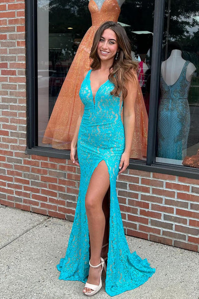 Blue V Neck Lace Mermaid Long Prom Dresses with Slit VK24032405