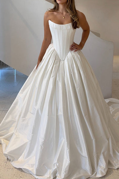 A-Line Off the Shoulder White Satin Wedding Dresses VK26081905