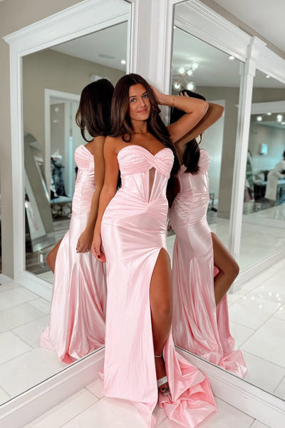 Mermaid Sweetheart Keyhole Light Pink Silk Satin Long Prom Dresses with Side Slit VK25102207