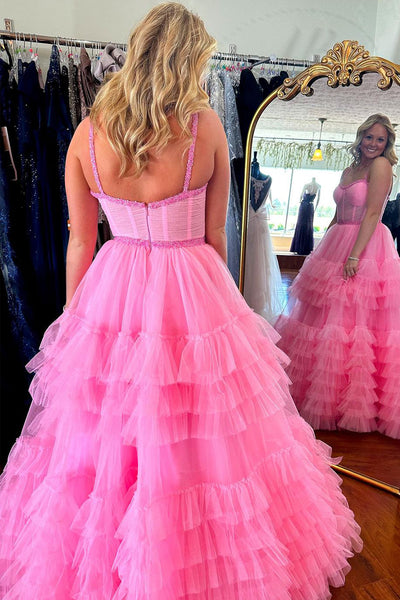 Pink Ruffle Tiered Tulle Sweetheart Long Prom Dresses with Beading VK24051004