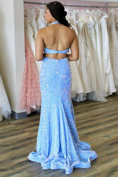 Blue Sequin Halter Trumpet Long Prom Dress VK23102803