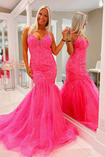 Hot Pink Mermaid V Neck Tulle Lace Long Prom Dresses VK23092510
