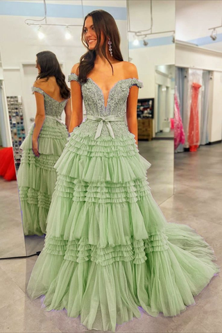 Sage Green Off the Shoulder Tulle Lace Prom Dress with Ruffles VK23111604