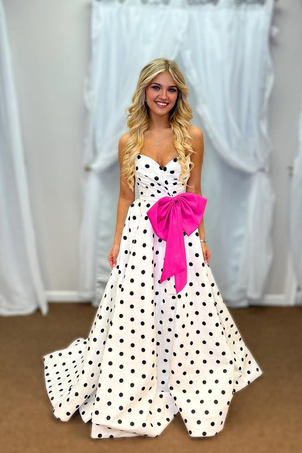 New Arrvial Sweetheart White Black Dot Satin Long Prom Dress with Bow VK25100703