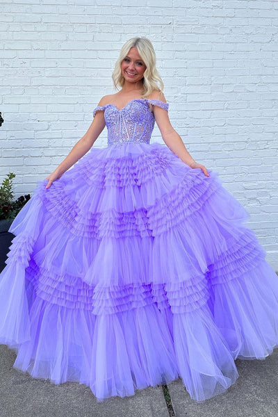 Lilac Off the Shoulder Ruffle Tiered Tulle Long Prom Dresses with Appliques VK24032405