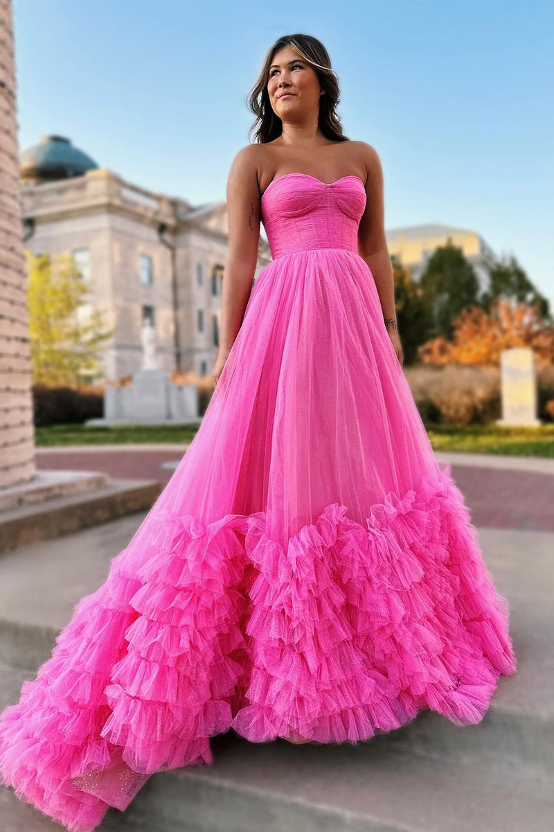 Princess A-Line Pink Sweetheart Tiered Tulle Long Prom Dresses VK23121404