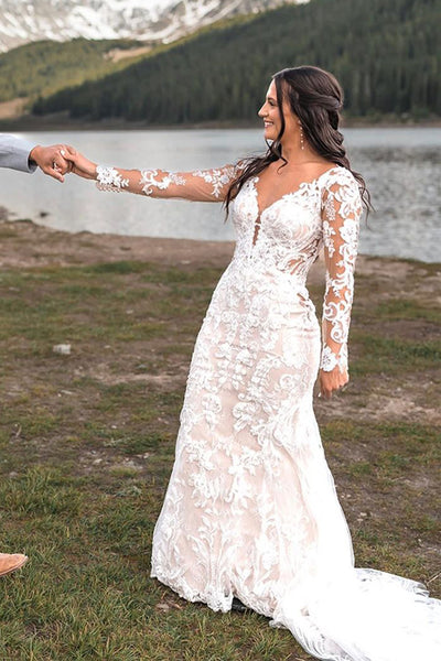 Bohemain Mermaid Long Sleeves Lace Wedding Dresses VK23081901
