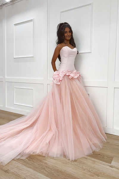 Chamring A-Line Strapless Blush Pink Tulle Long Prom Dresses VKPD009