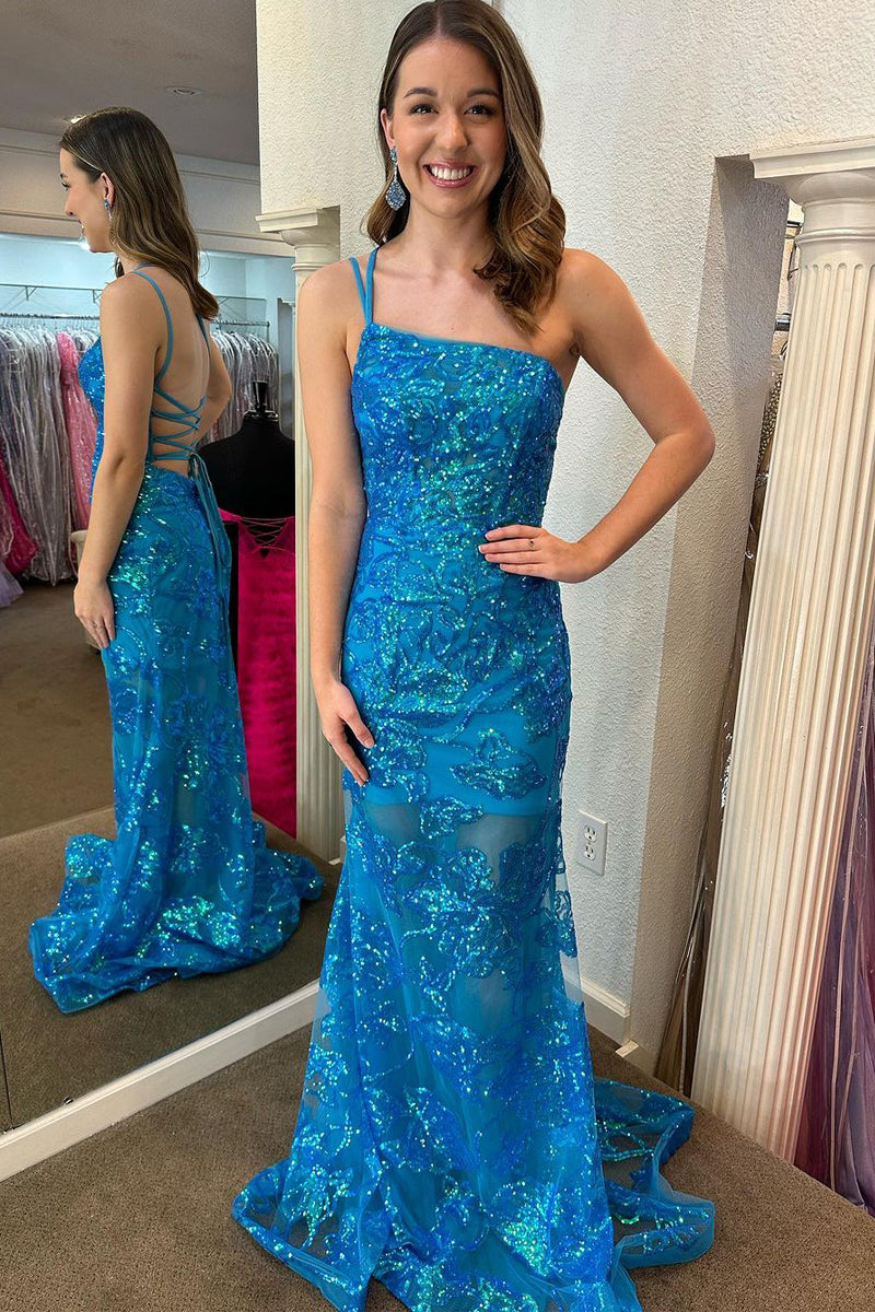 One Shoulder Sequin Lace Mermaid Long Prom Dresses VK23112410