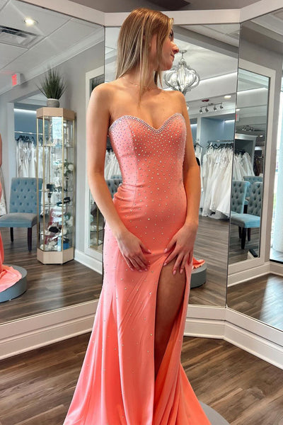 Mermaid Strapless Coral Satin Beaded Long Prom Dresses with Slit VK24040701