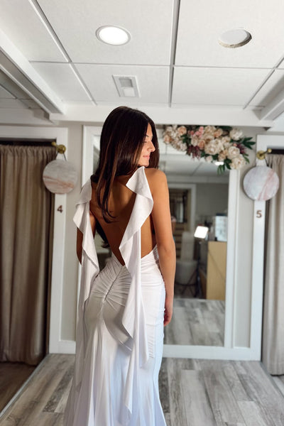 Mermaid V Neck White Satin Long Prom Dresses with Ruffle VK26030210