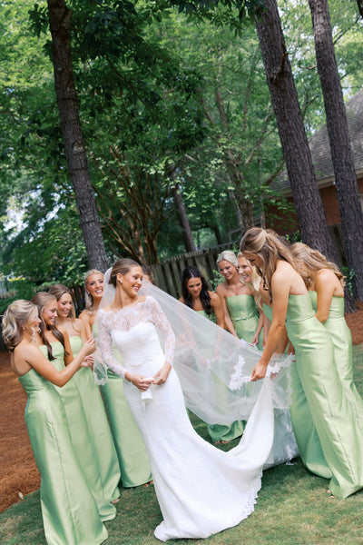 Sheath Strapless Sage Green Satin Long Bridesmaid Dresses VK26081307