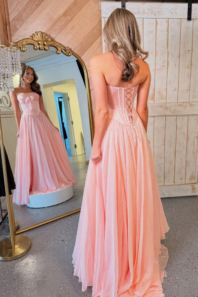 Cute A-Line Sweetheart Pink Chiffon Long Prom Dress with Bowknot VK26010510