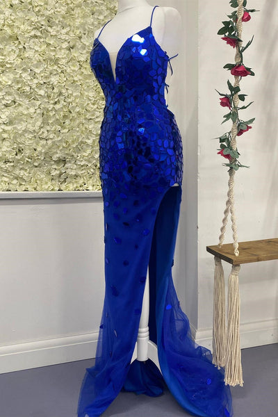 Cut Glass Mirror V-Neck Lace-Up Long Formal Dress with Slit VK23092608