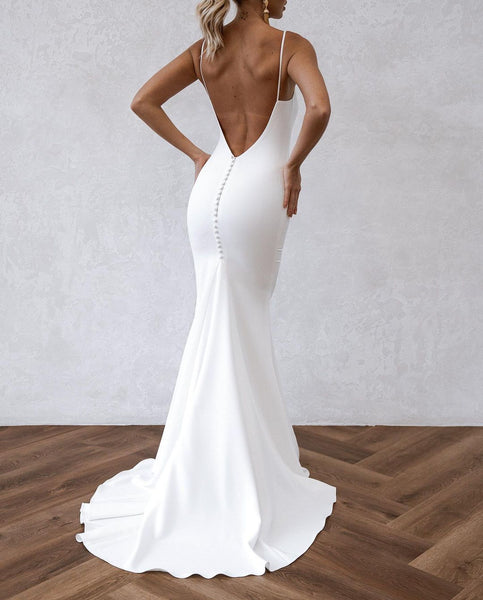 Elegant Simple Mermaid Scoop Neck Soft Satin Long Wedding Dresses VK23050804