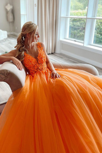 Orange A-Line V Neck Tulle Lace Long Prom Dresses VK23092505