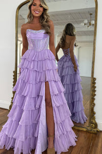 Cute A-Line Scoop Neck Light Purple Tiered Long Prom Dresses with Hot Stone Beading VK25050807
