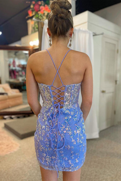 Stunning Bodycon Halter Lilac Sequins Lace Short Homecoming Dresses with Feather Shoulders VK23062908