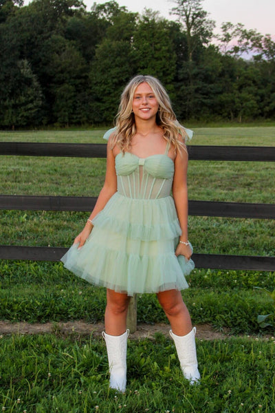 Bow Tie Mint Green Ruffle Tiered Short Dress