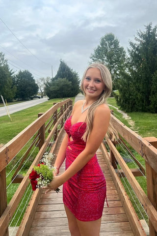 Bodycon Sweetheart Keyhole Red Satin Homecoming Dresses with Rhinestones VK110201