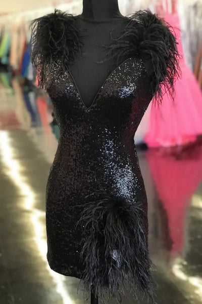 Sparkly Black Sequins Tight Short Homecoming Dress with Feathers VK23091810