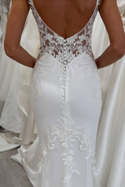 Elegant Mermaid V Neck Elastic Satin Wedding Dress with Lace VK15120106