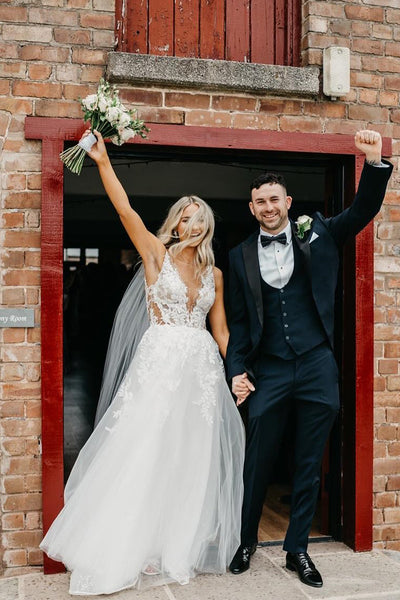 Boho A Line V Neck Tulle Wedding Dresses with Appliques VK25051403