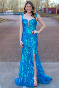 Blue Sequins Lace Mermaid Long Prom Dress with Slit VK24010402