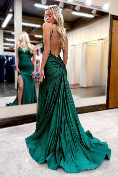 Dark Green Beaded V Neck Mermaid Long Prom Dress VK23123102