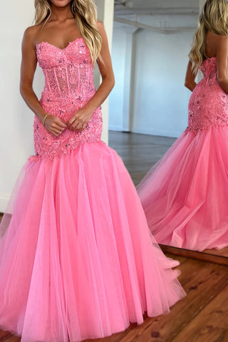 Glitter Pink Corset Sweetheart Tulle Mermaid Long Prom Dress VK23122007