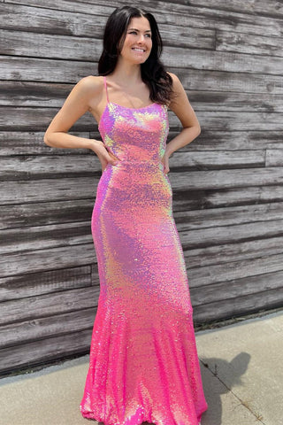 Iridescent Pink Sequin Lace-Up Mermaid Long Gown VK23092407